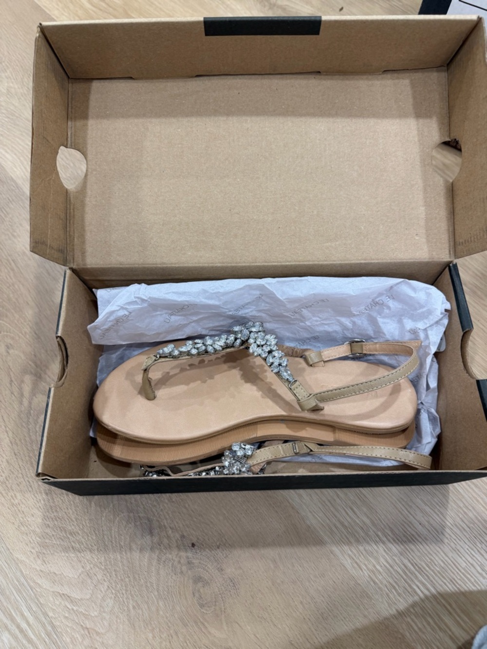 le château Beige T-Strap Crystal Embellished Sandals